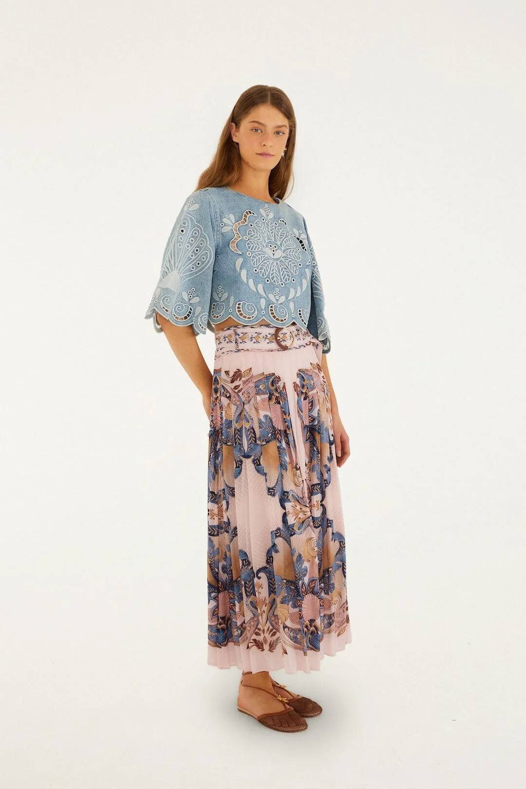 Soft Pink Sea Garden Scarf Pleated Maxi Skirt