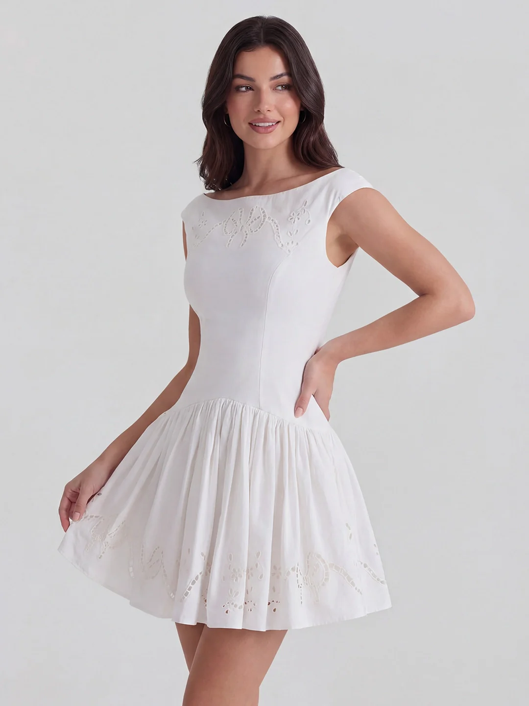 Chic Boat Neck Broderie Anglaise Dress