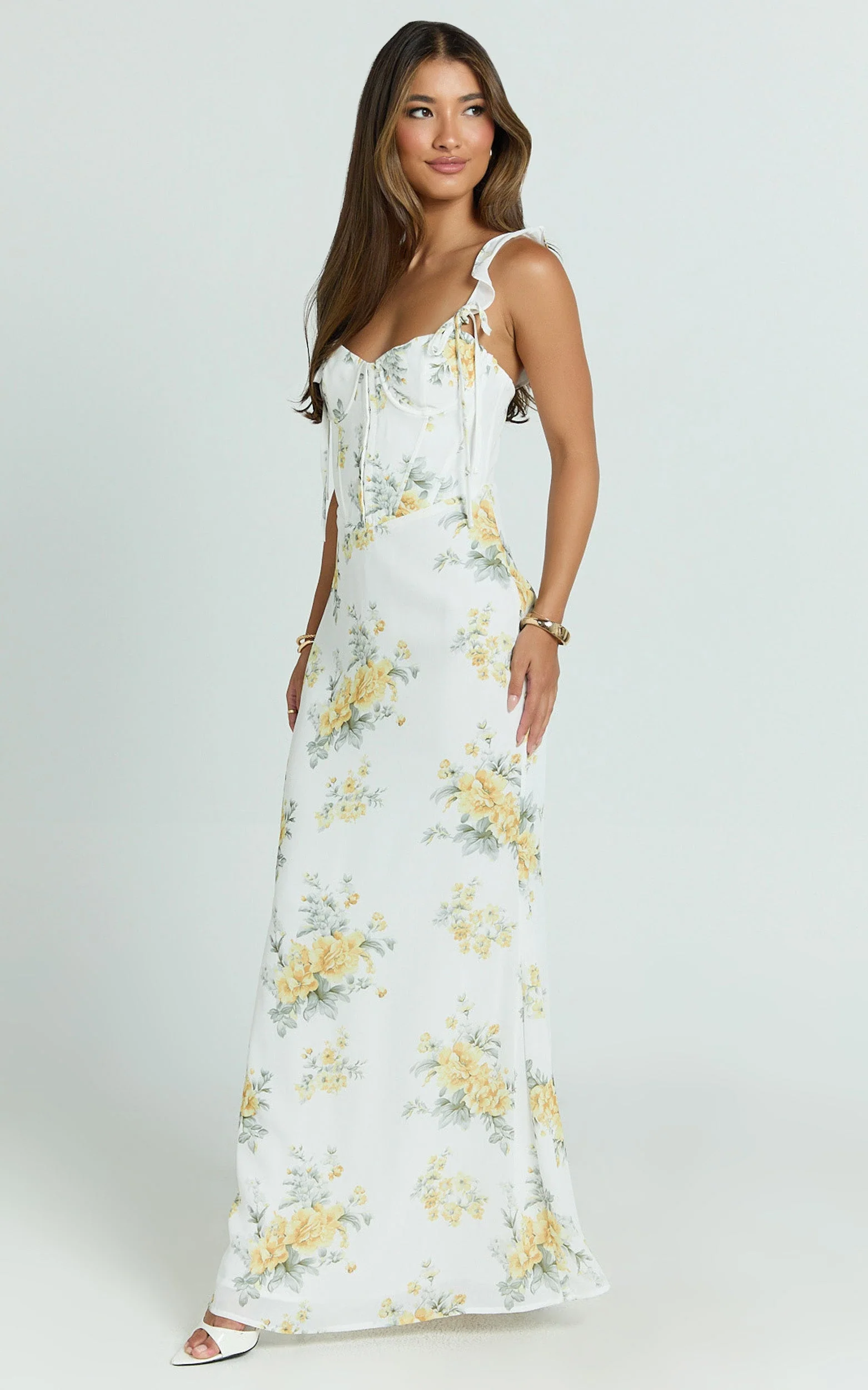 Mabel Maxi Dress - Georgette Frill Sleeve Sweetheart Bias Cut Dress in Antique Florals
