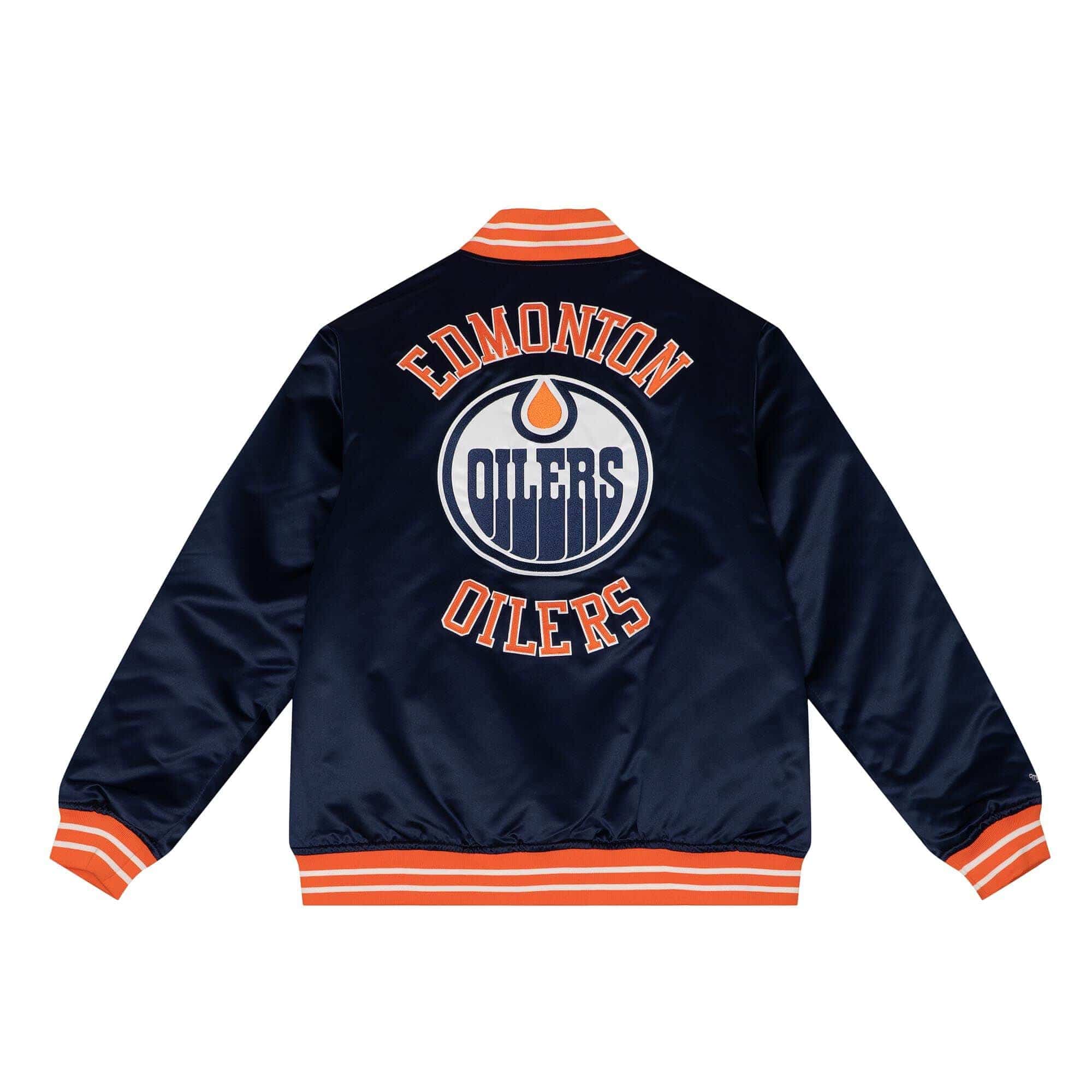 Edmonton Oilers Heavyweight Satin Mitchell & Ness NHL Jacket Navy