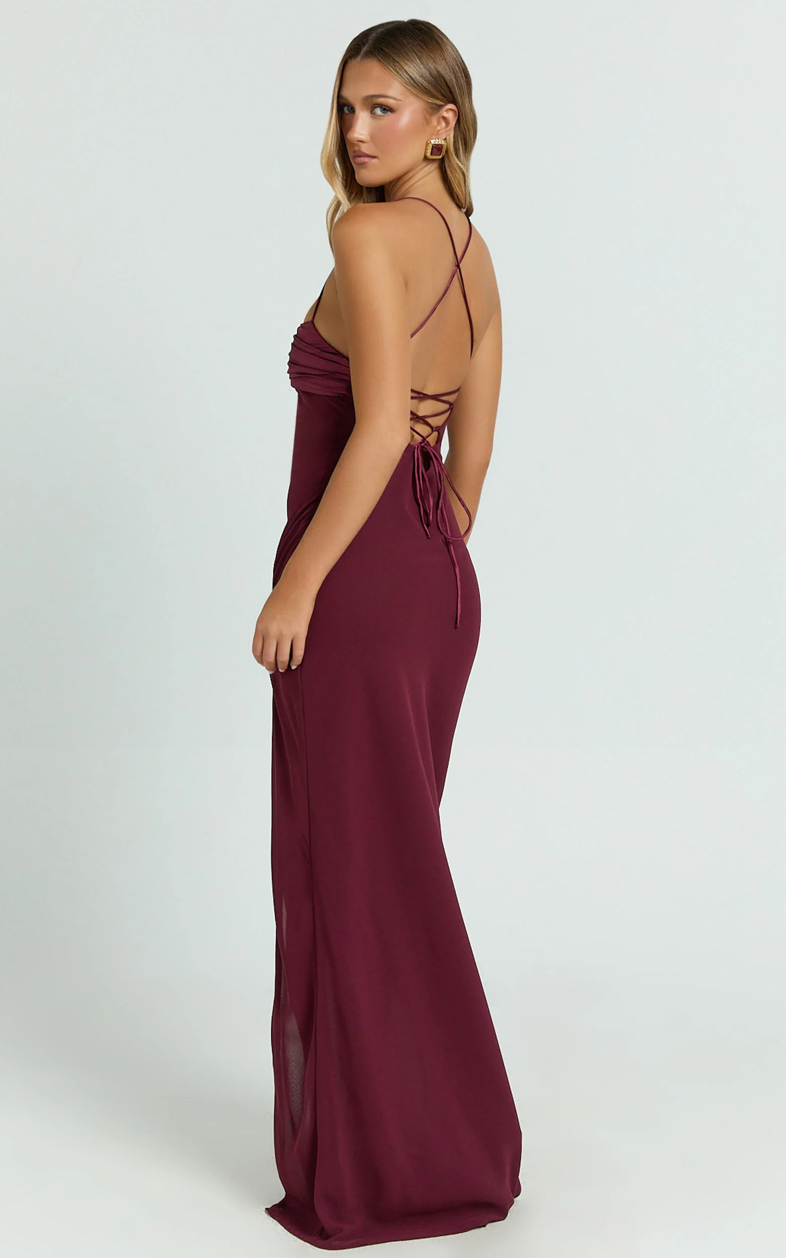 Sonya Maxi Dress - Cowl Neck Asymmetric Fit And Flare Dress in Wine