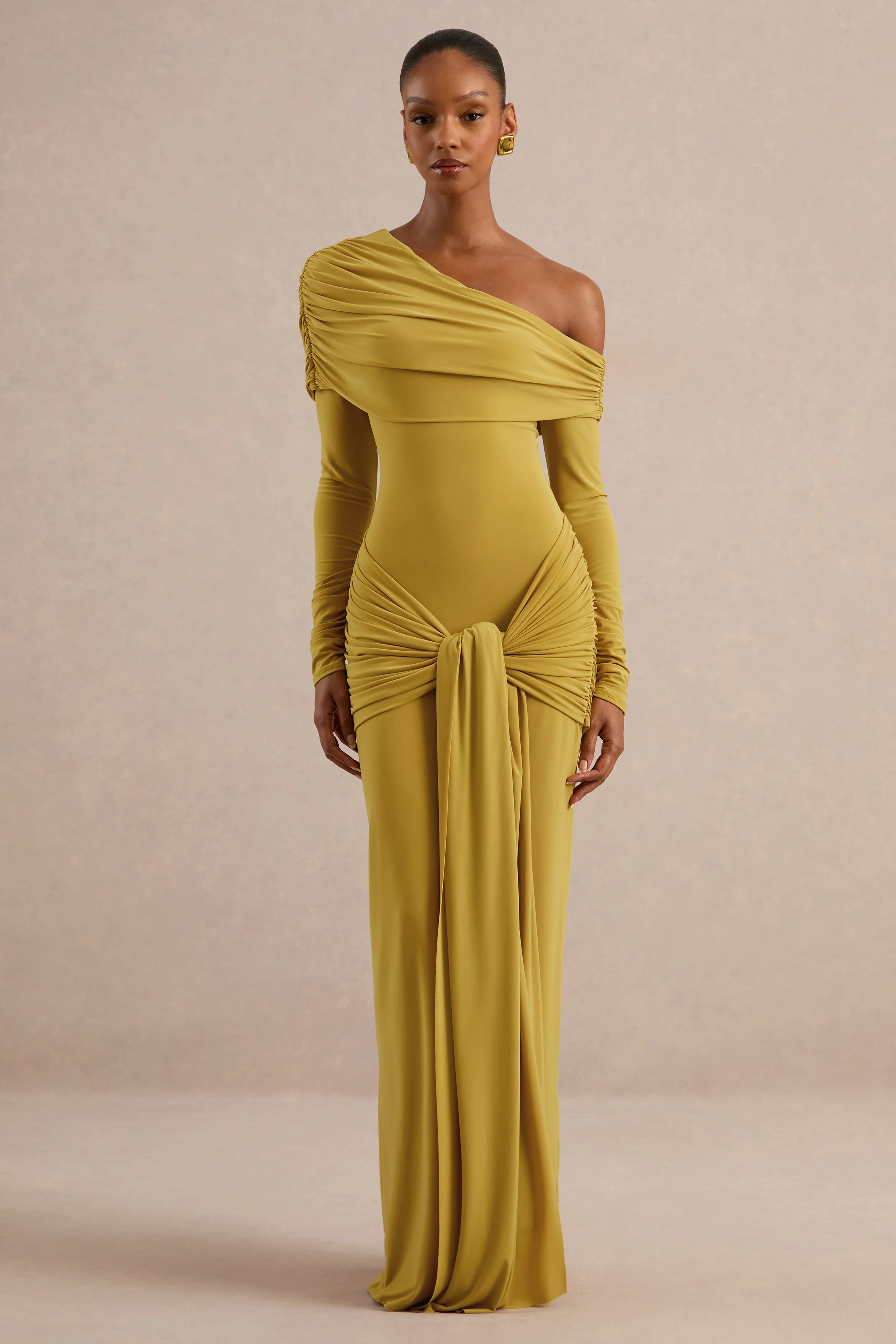 Avonlea | Mustard Jersey Ruched One Shoulder Long Sleeve Maxi Dress With Sash