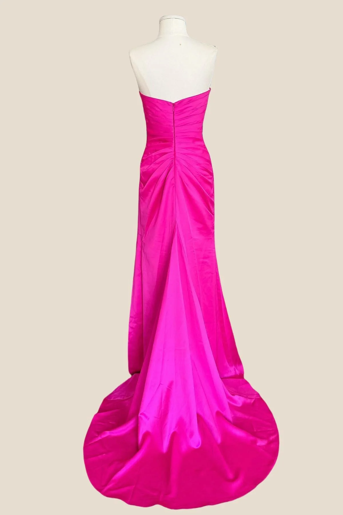 Beaded Hot Pink Satin Ruched Fitted Long Dress