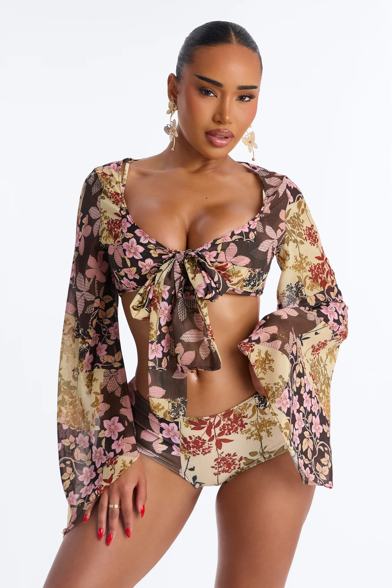 Warm Vacay Sheer Flare Sleeve Front Tie Boyshort 3 Piece Bikini Set - Brown/combo