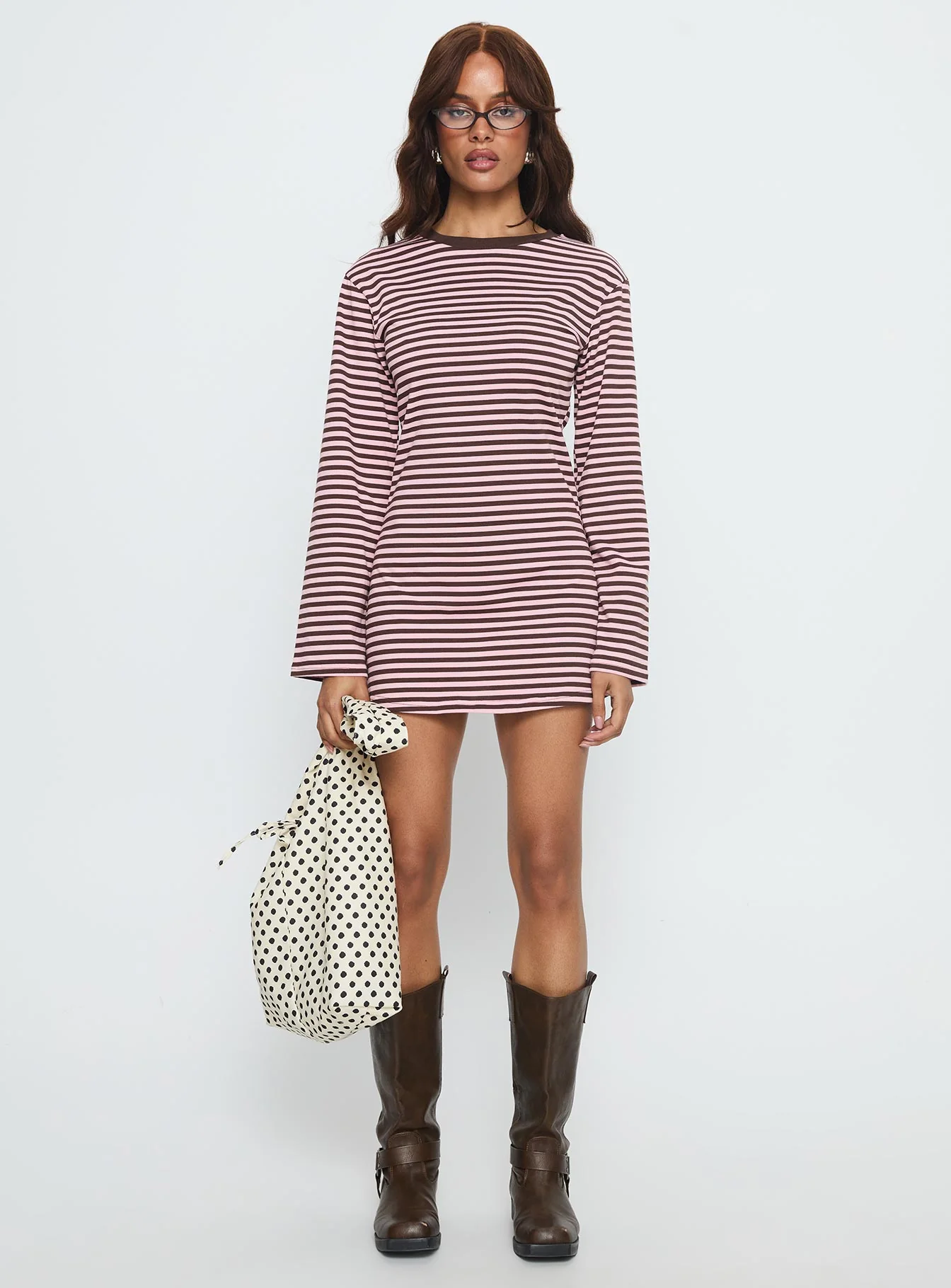 Lulolah Long Sleeve Mini Dress Chocolate / Pink Stripe