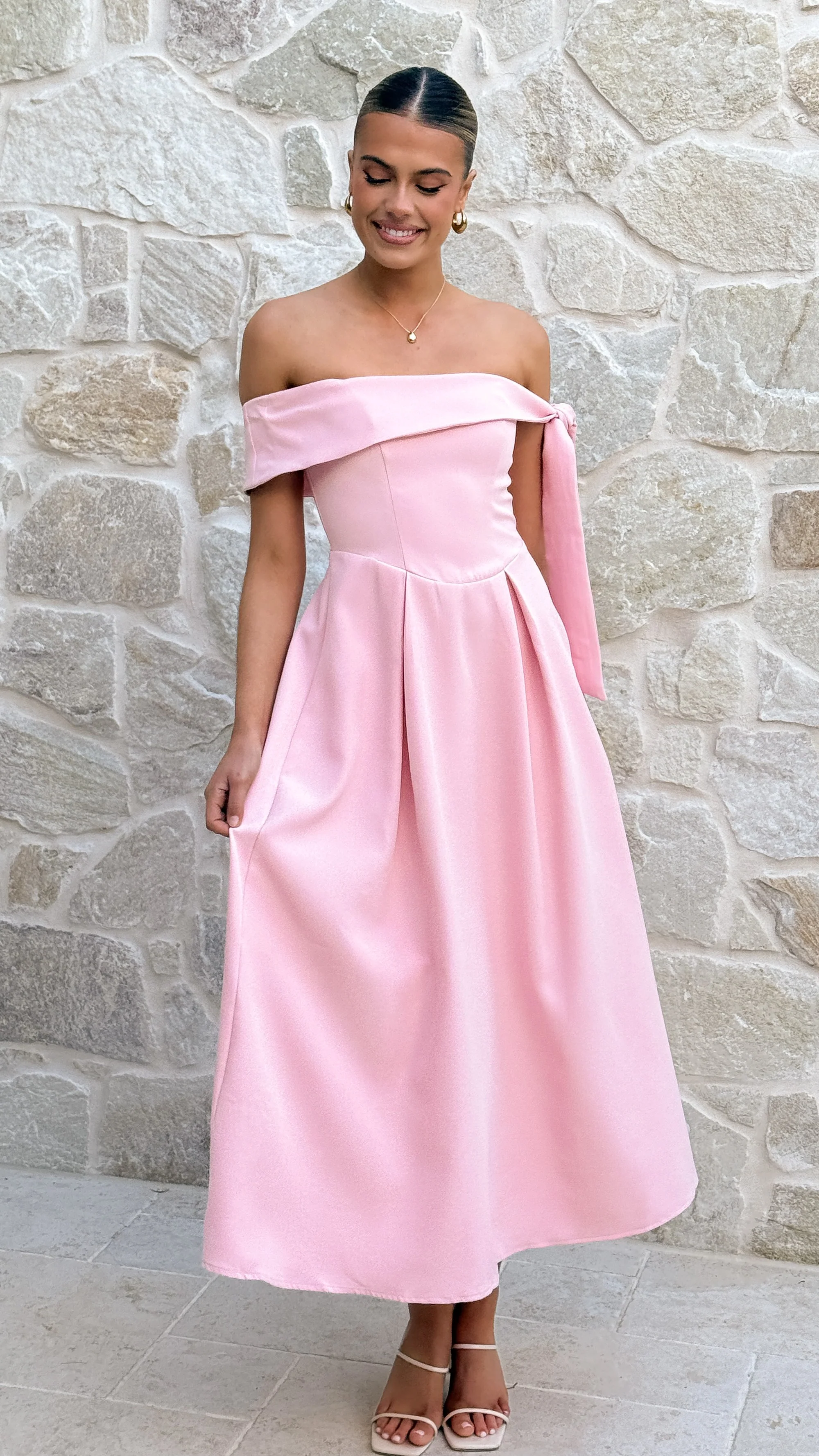 Bentley Off Shoulder Midi Dress - Pink