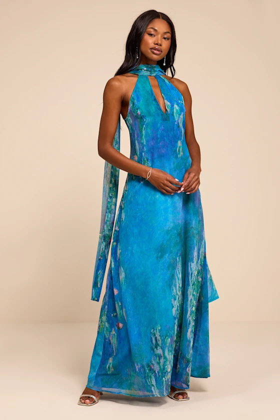 Calixta Blue Abstract Chiffon Sash Shift Maxi Dress