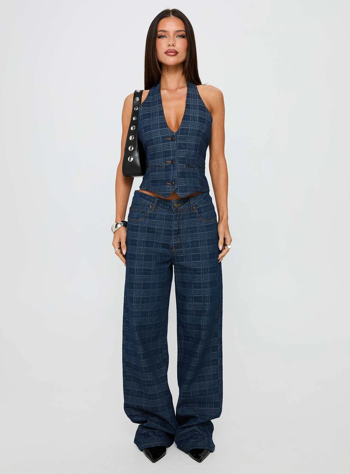Top Model Low Rise Straight Leg Jeans Indigo Plaid