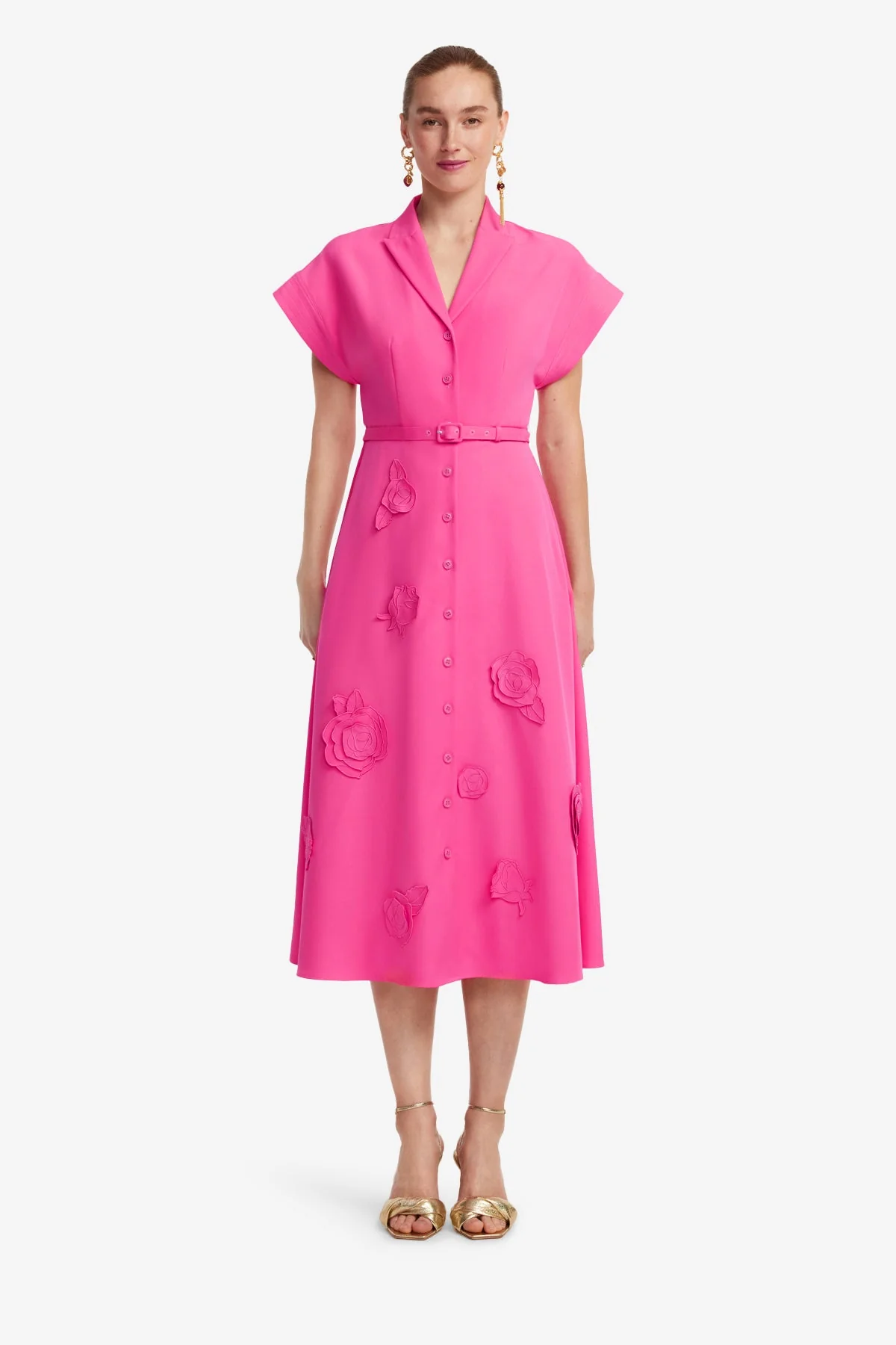 Aubrey Appliqué Shirt Midi Dress - Fuchsia