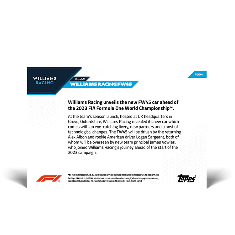 Topps UK - Williams Racing FW45 - F1 TOPPS NOW® Card #P004