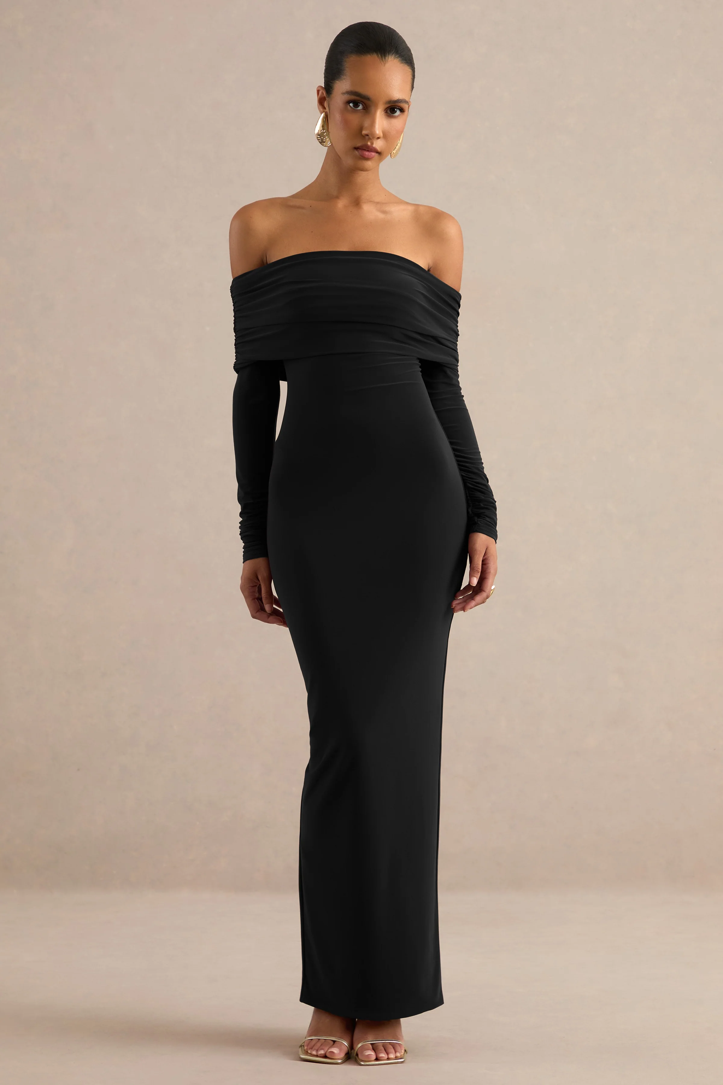 Julissa | Black Jersey Ruched Bardot Long Sleeve Maxi Dress With Scarf Detail And Split