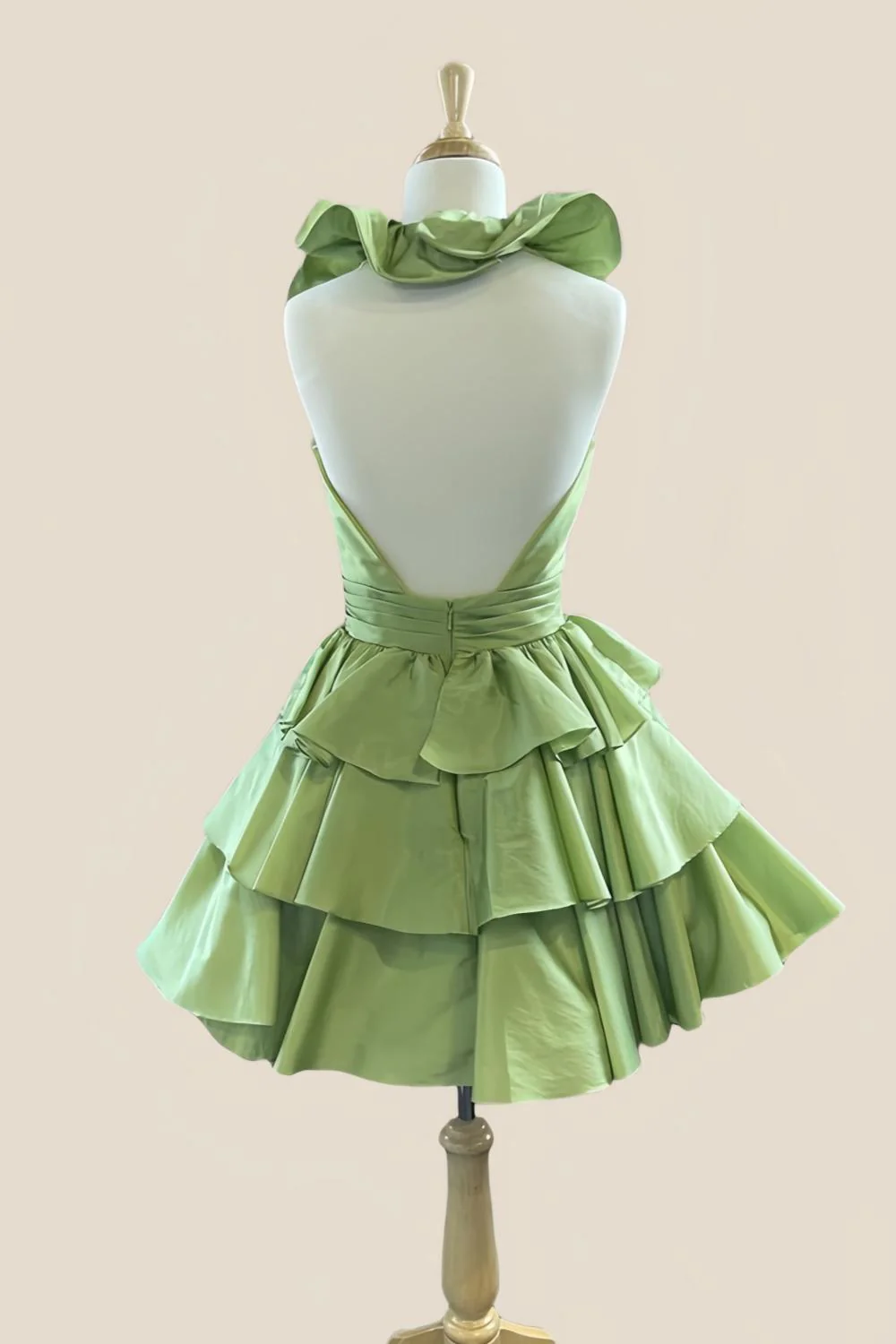 Halter Sage Green Ruffle Tiered Short Dress
