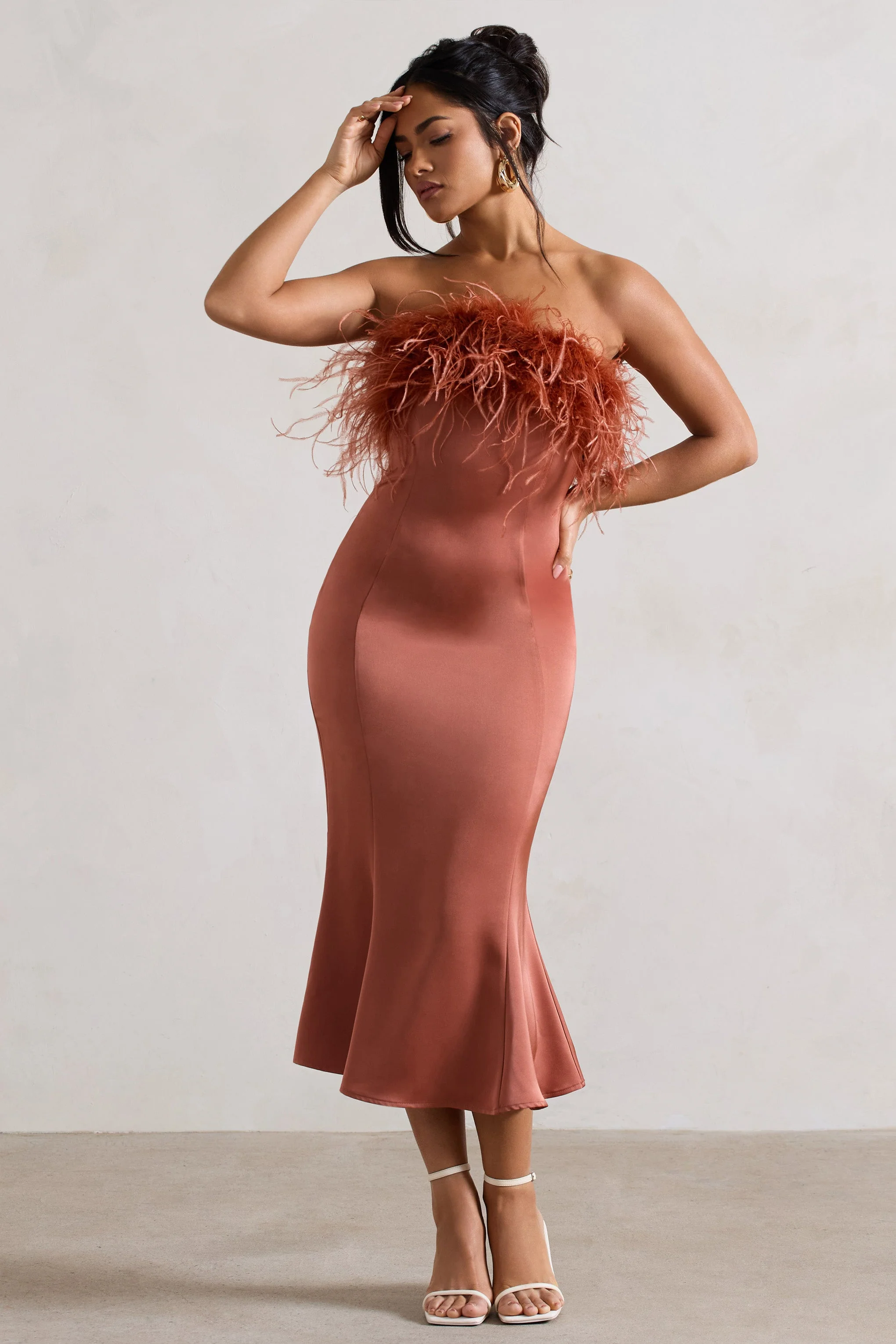 One And Only | Rust Satin Feather Trim Bandeau Midi Dress