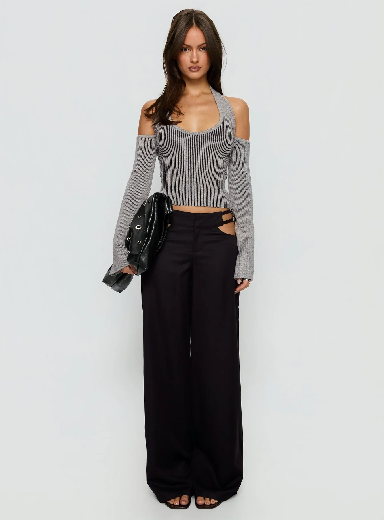 Novelia Halter Long Sleeve Top Black / Grey