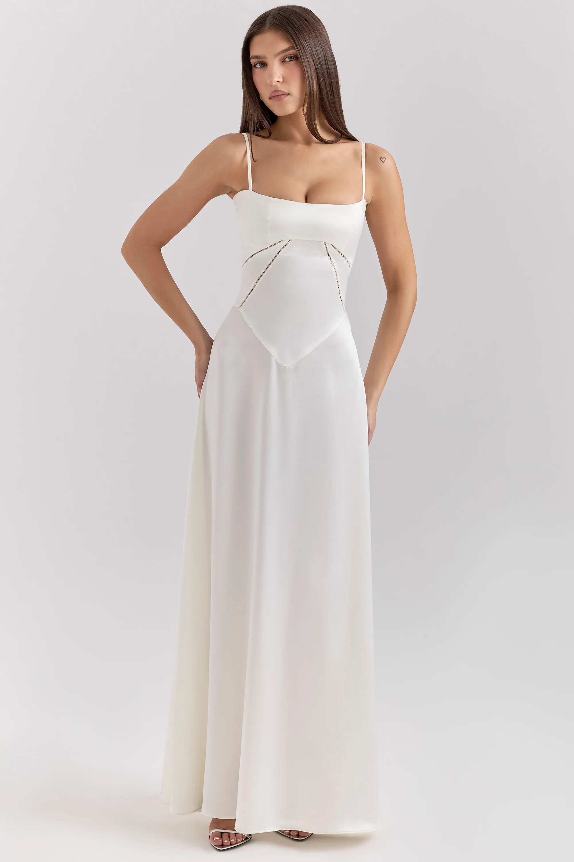 ivory satin lace up maxi dress