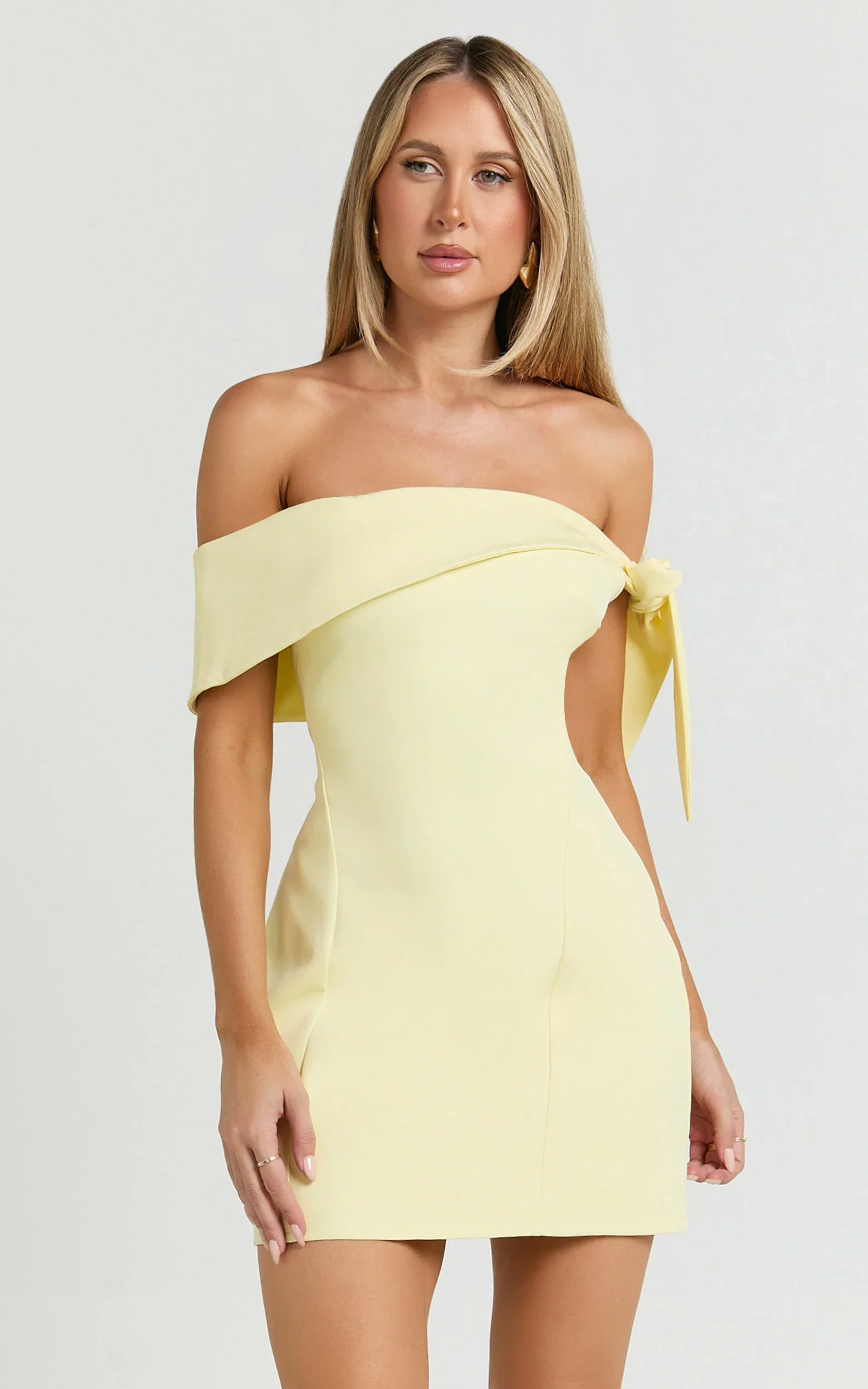 Cecilia Mini Dress - Off Shoulder Tie Detail Dress in Lemon