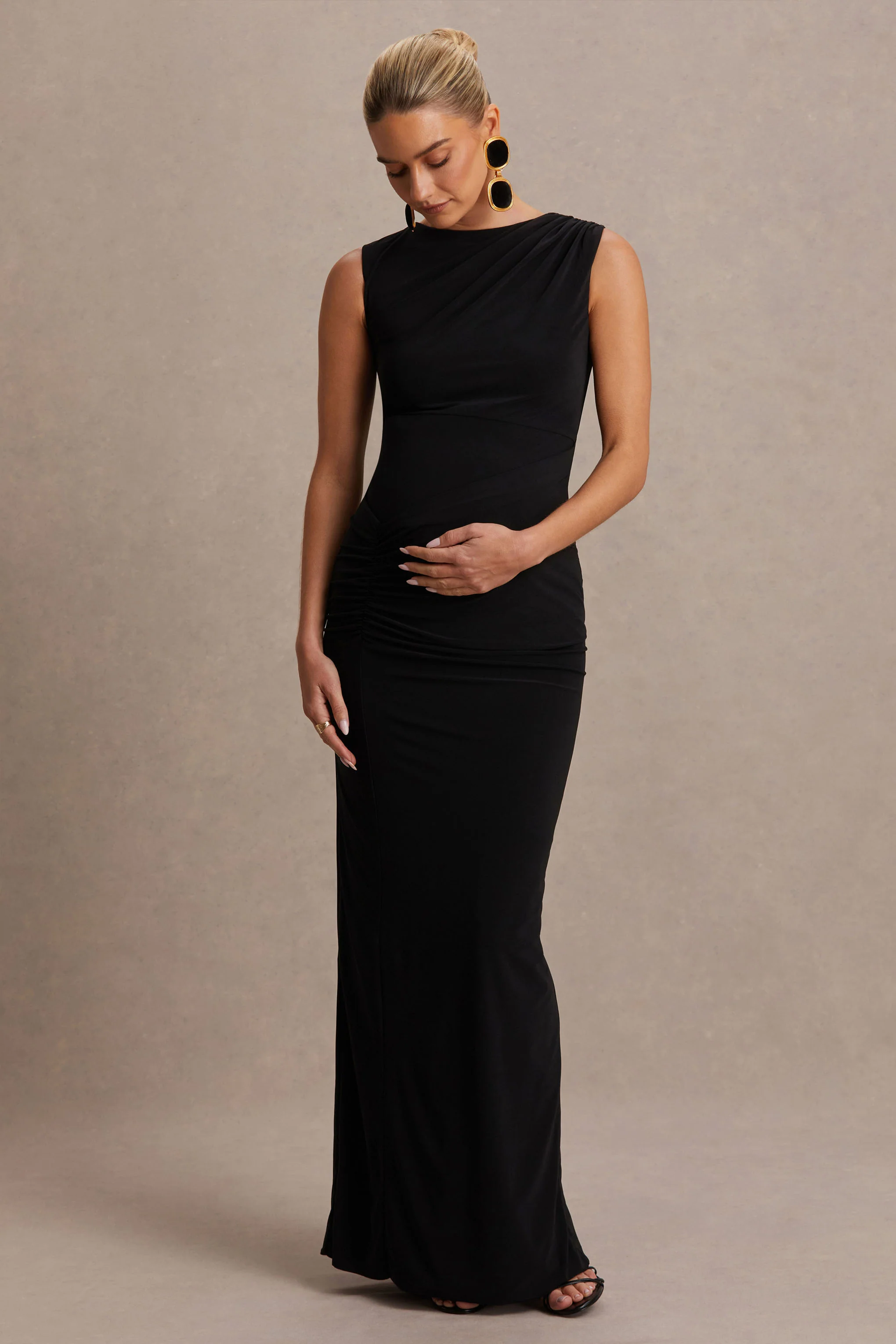 Raven | Black Boat-Neck Maternity Maxi Dress With Gathered-Detailing