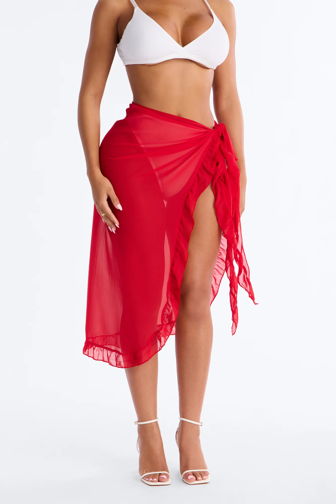 Beach Vibes Maxi Ruffle Trim Waist Tie Swim Cover Up Sarong - Red