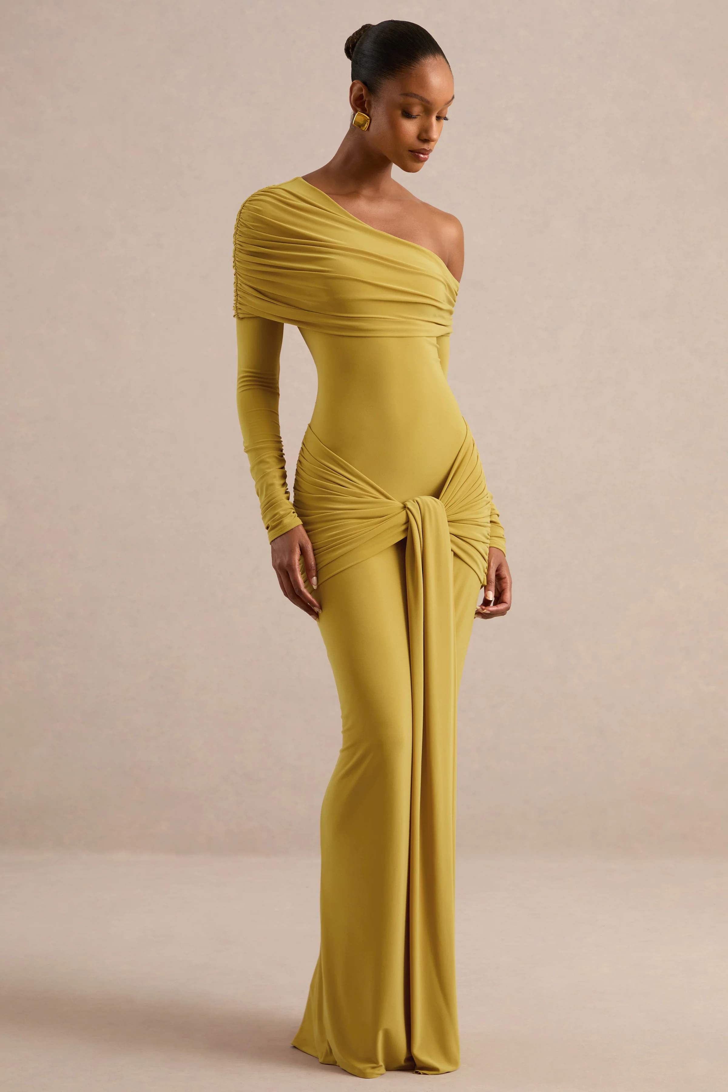 Avonlea | Mustard Jersey Ruched One Shoulder Long Sleeve Maxi Dress With Sash