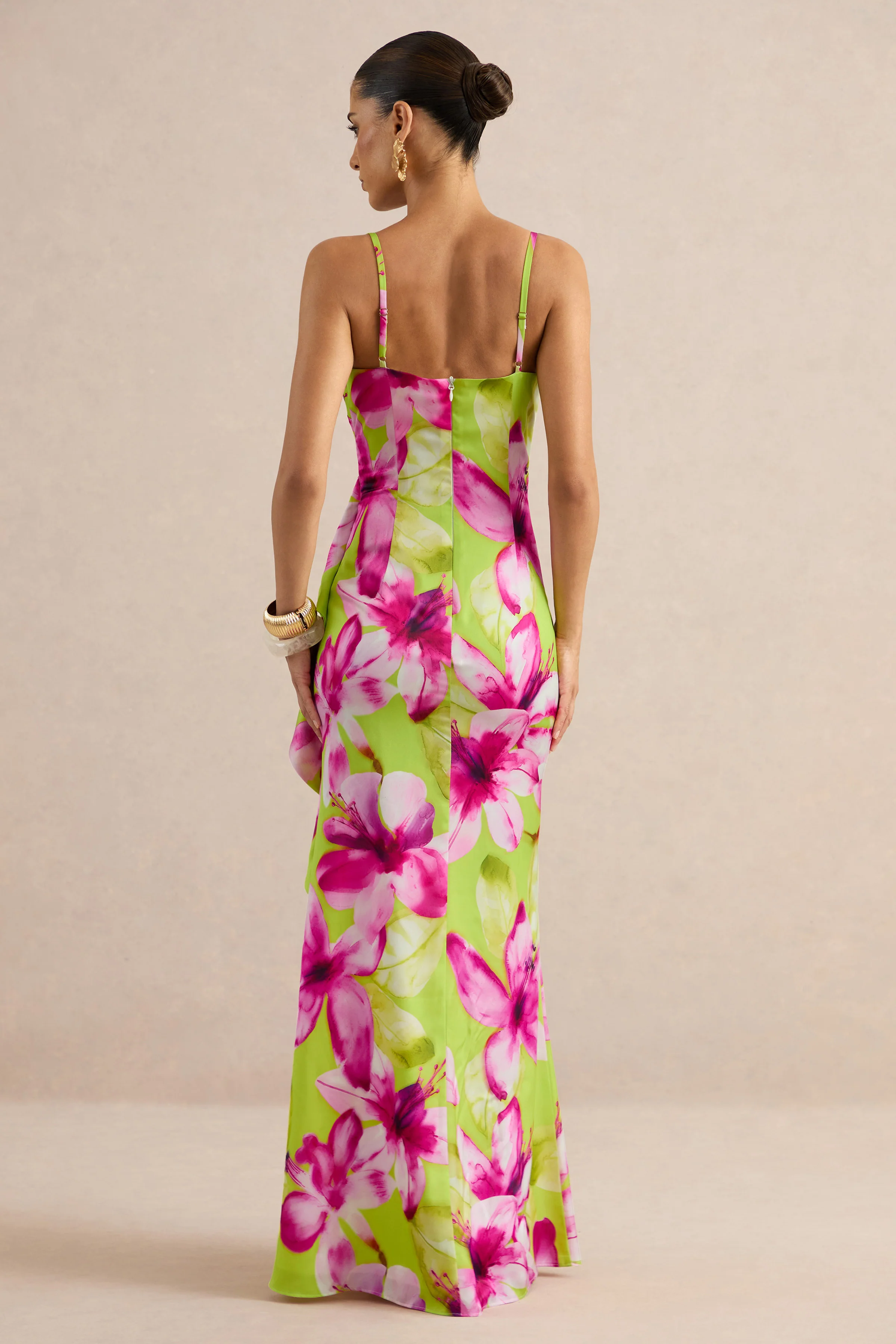 Marcelina | Lime And Pink Floral Print Satin V-Neck Maxi Dress