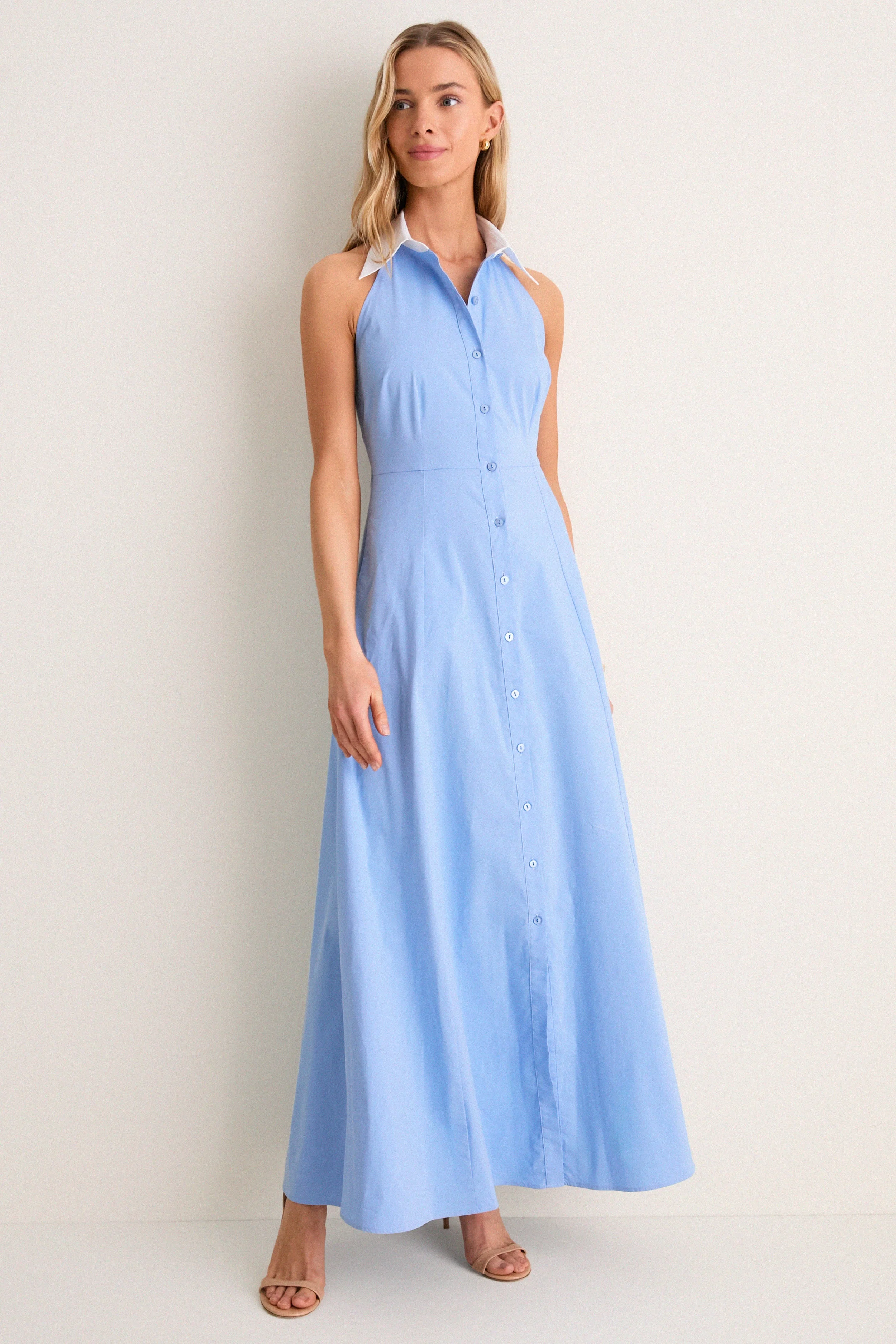 Vista Blue and White Maurie Halter Maxi Dress