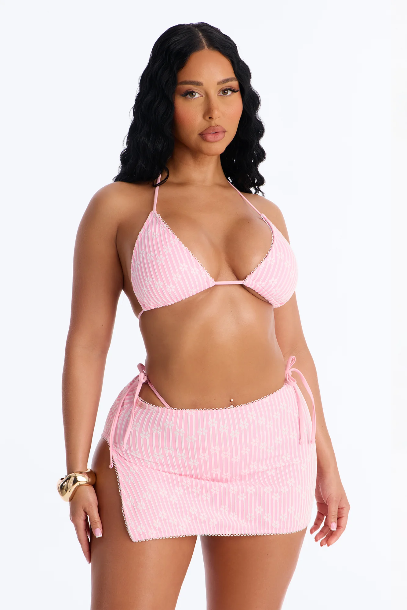 Always With Me Embroidery Floral Lace 3 Piece Bikini Skirt Set - Pink