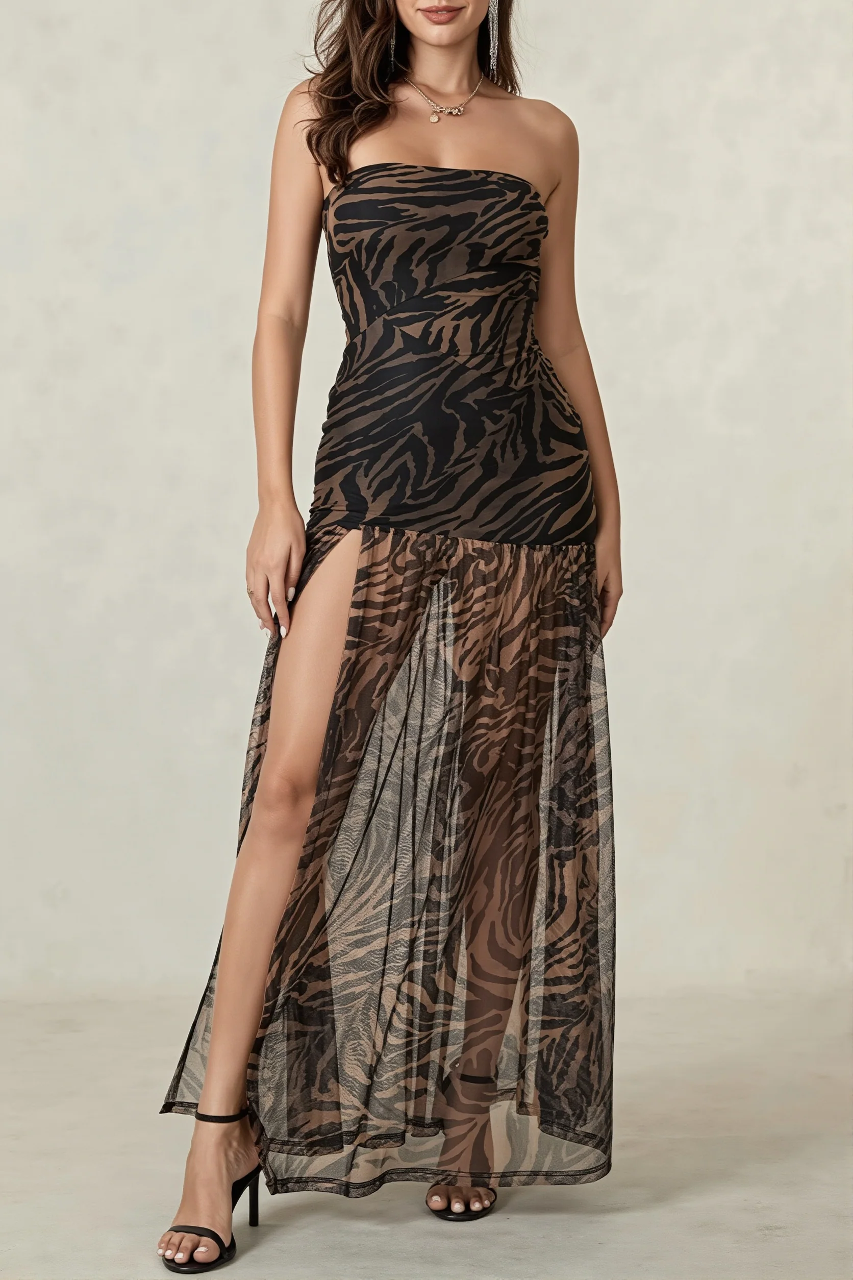 Strapless Zebra Sheer Slit Maxi Dress