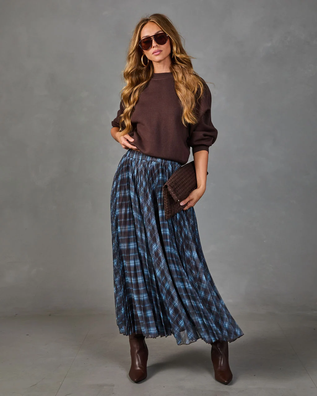 Stephanie Pleated Plaid Midi Skirt