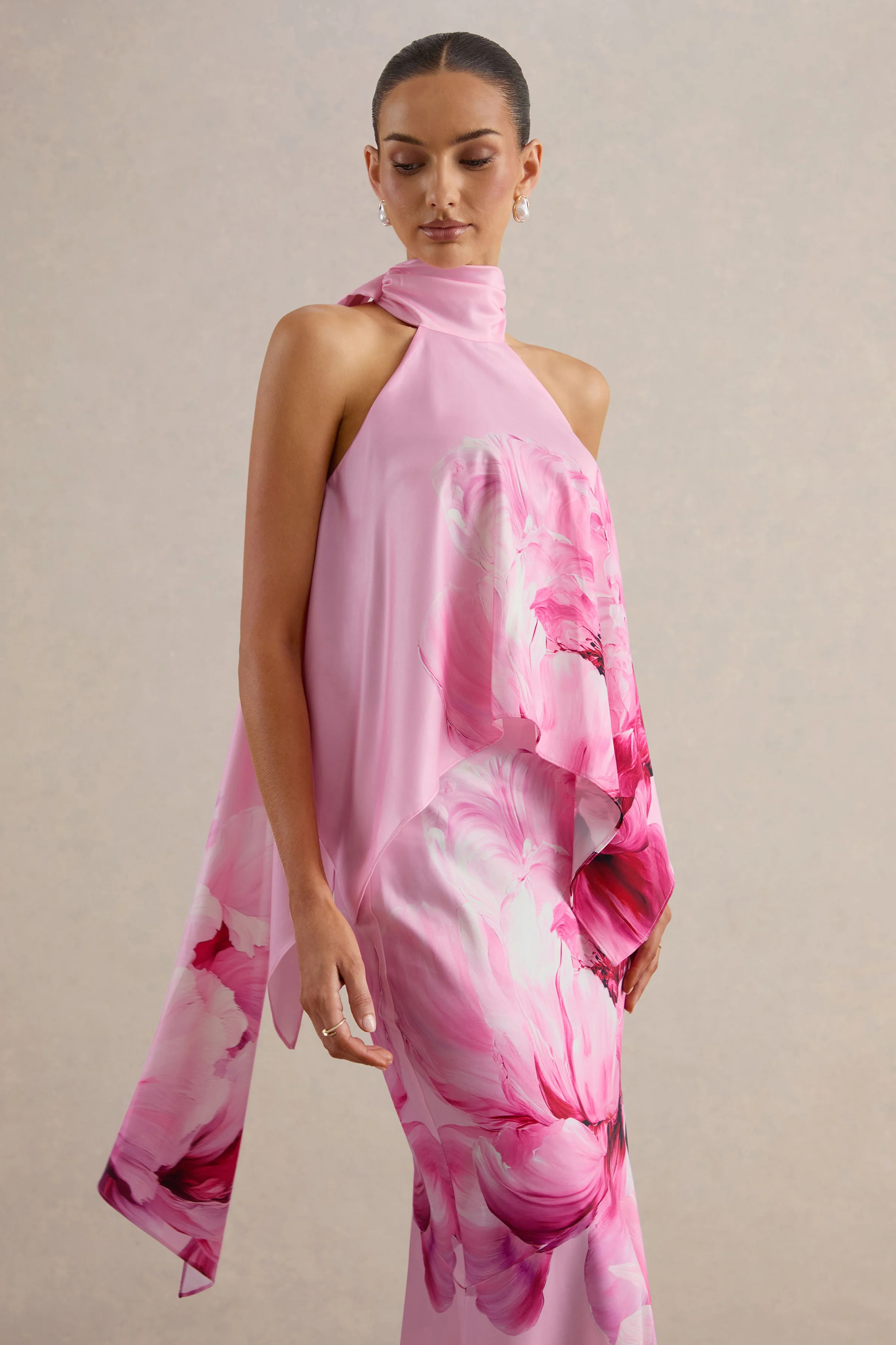 Sancelle | Pink Border Floral Print Satin High Neck Top With Ruching