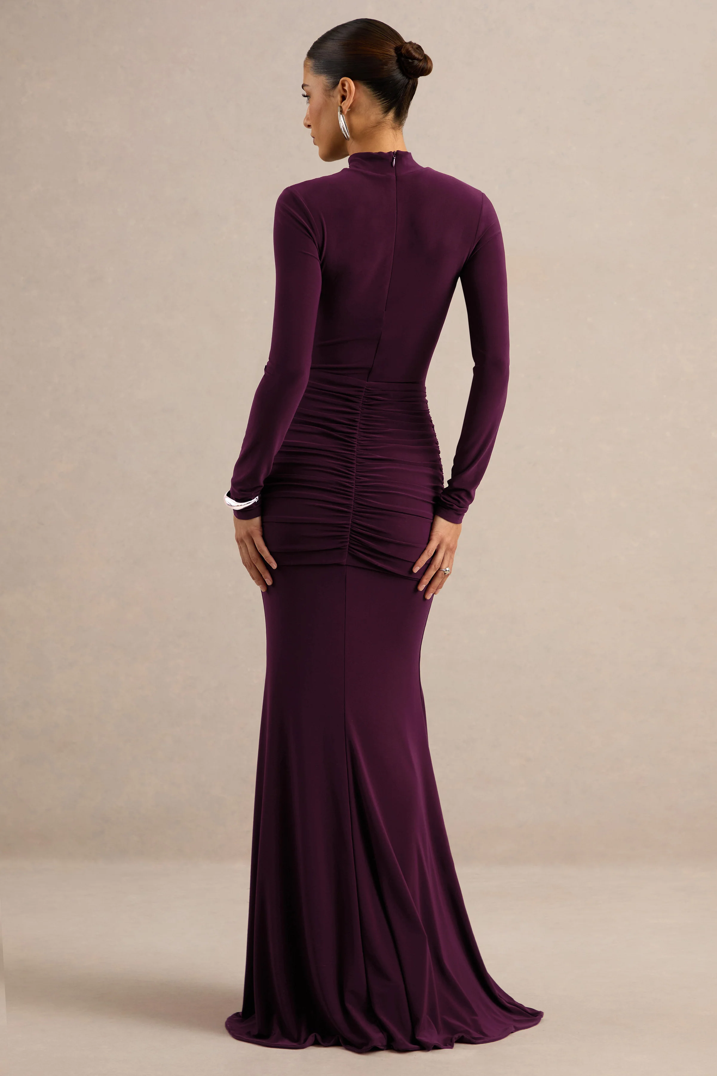 Seraphita | Purple Jersey High Neck Long Sleeve Maxi Dress With Gathered Detailing And Sash