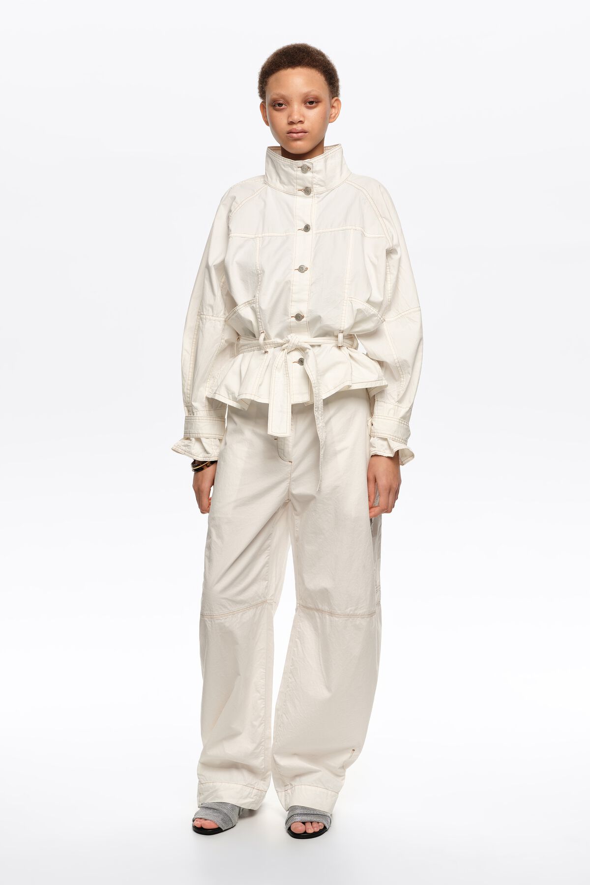 Adjustable barrel leg trousers, off-white washed cotton