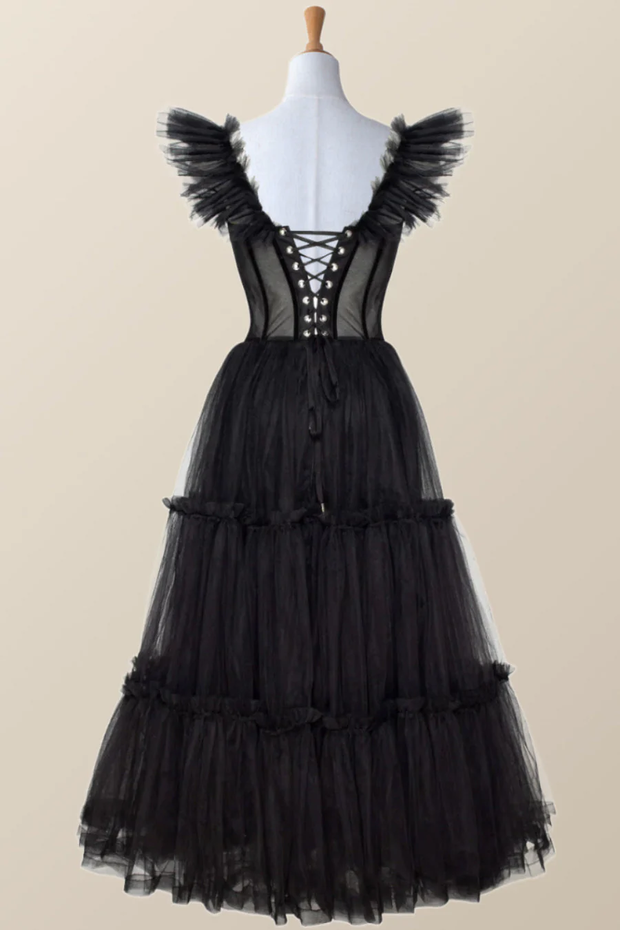Black Tulle Ruffle Corset Tea Length Dress