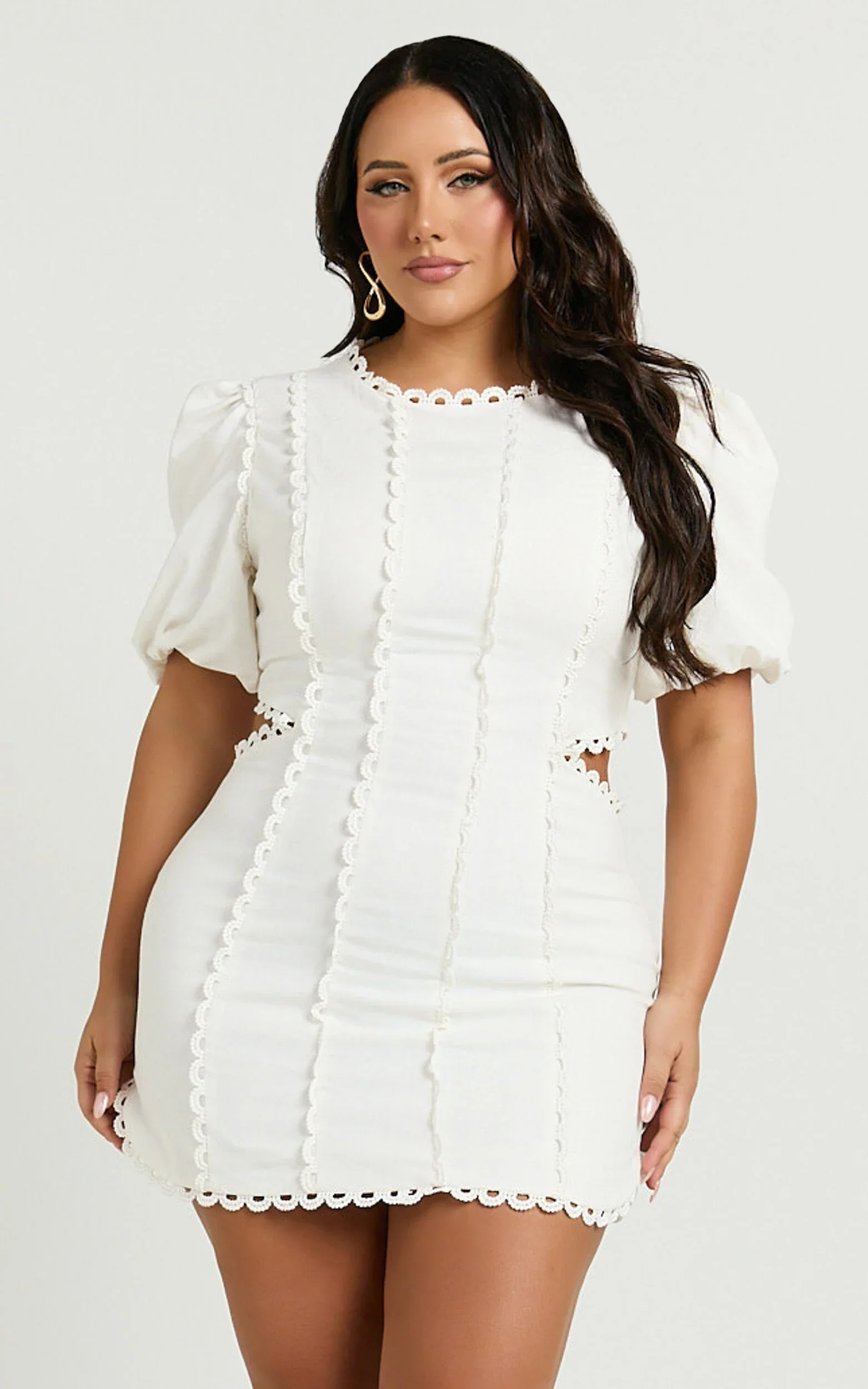 Laila Mini Linen Dress - High Neck Side Cut Out Puff Sleeve Straight Dress in Off White