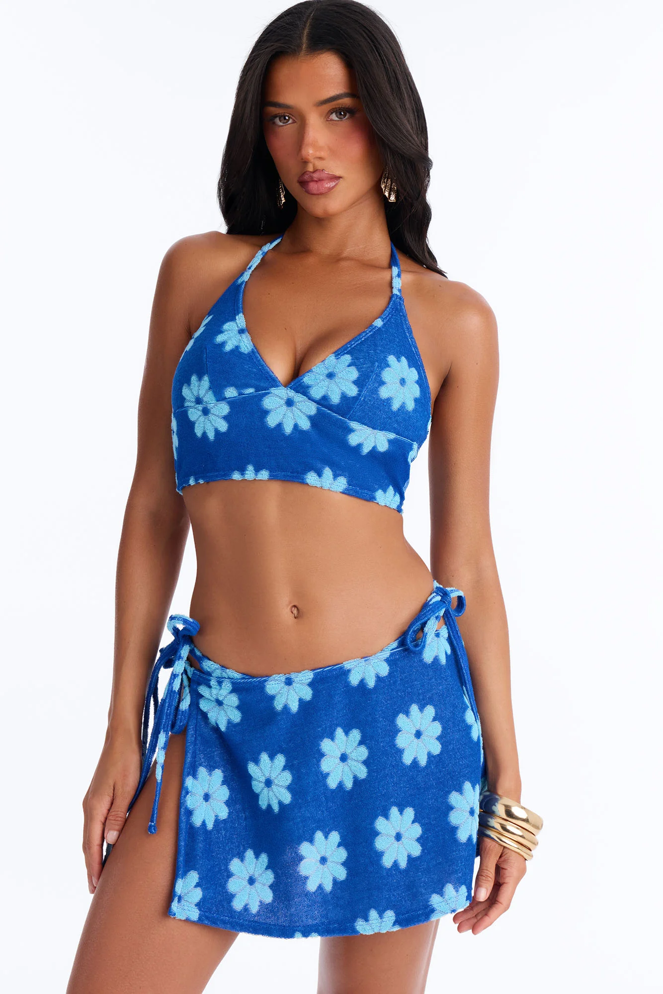 Janie Flower Terry 3 Piece Bikini & Skirt Set - Blue/combo