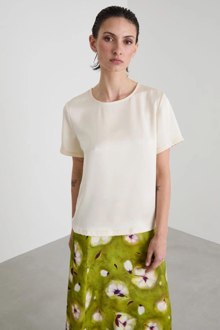 Bi-material top in satin and jersey - CHAMPAGNE