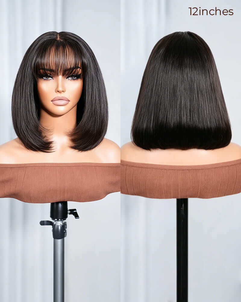 Ophirawig 6x6 Lace Straight Bob Wig Invisible Knots Natural Black with Bangs Glueless Beginner Friendly