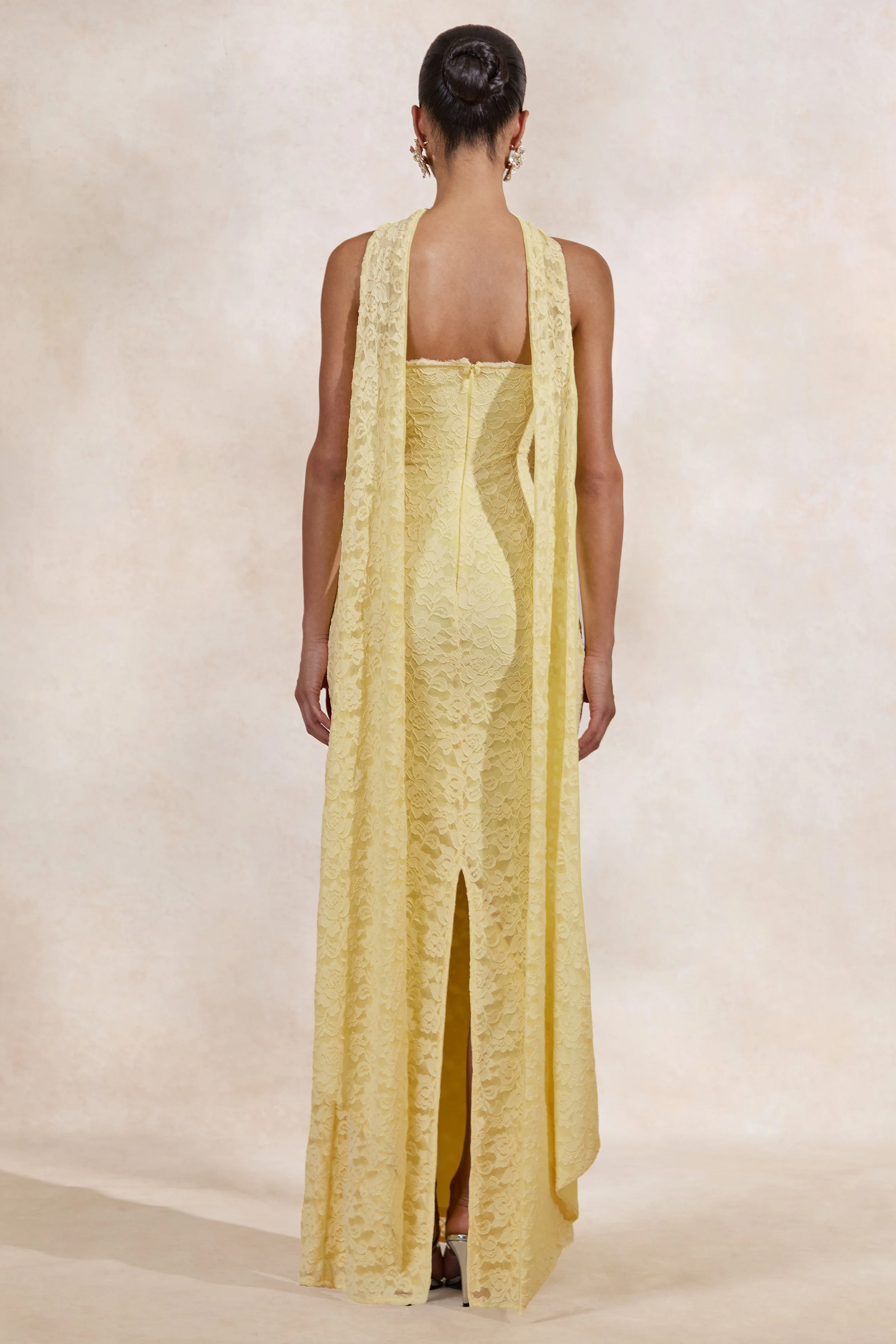 Massima | Lemon Lace Bandeau Maxi Dress With Scarf Detail And Back Split