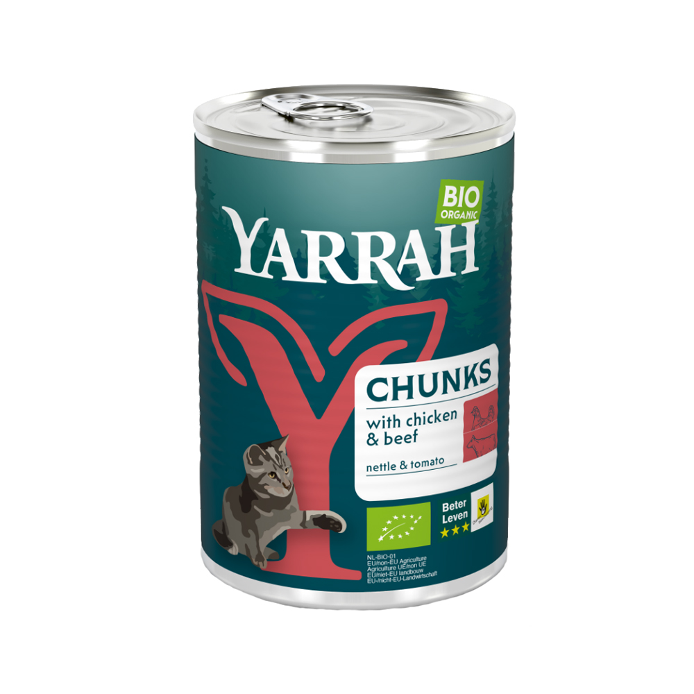 Yarrah Bio Chunks Cat Food - Can - Chicken and Beef - 12 x 405g