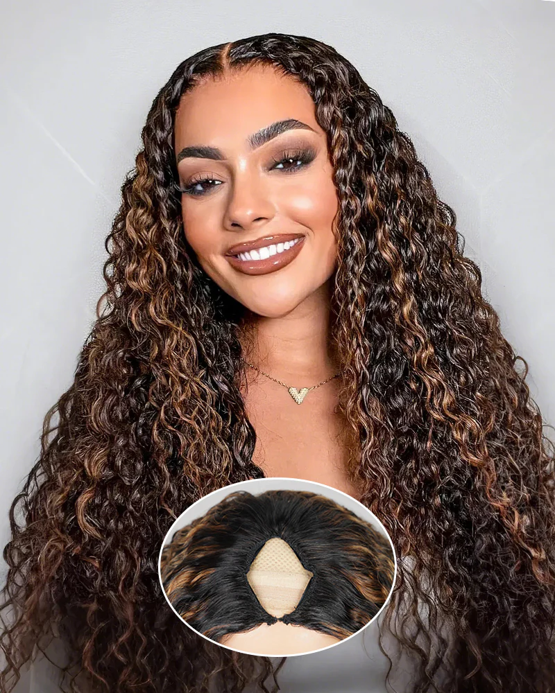 Ophirawig V-Part Lace Glueless Auburn Highlights on Black Hair Jerry Curly Wig Invisi Drawstring Clip & Go