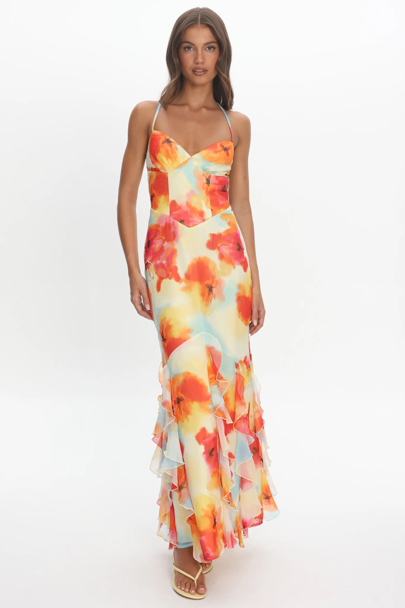 Charlisa Watercolour Floral Halter Maxi Dress Orange
