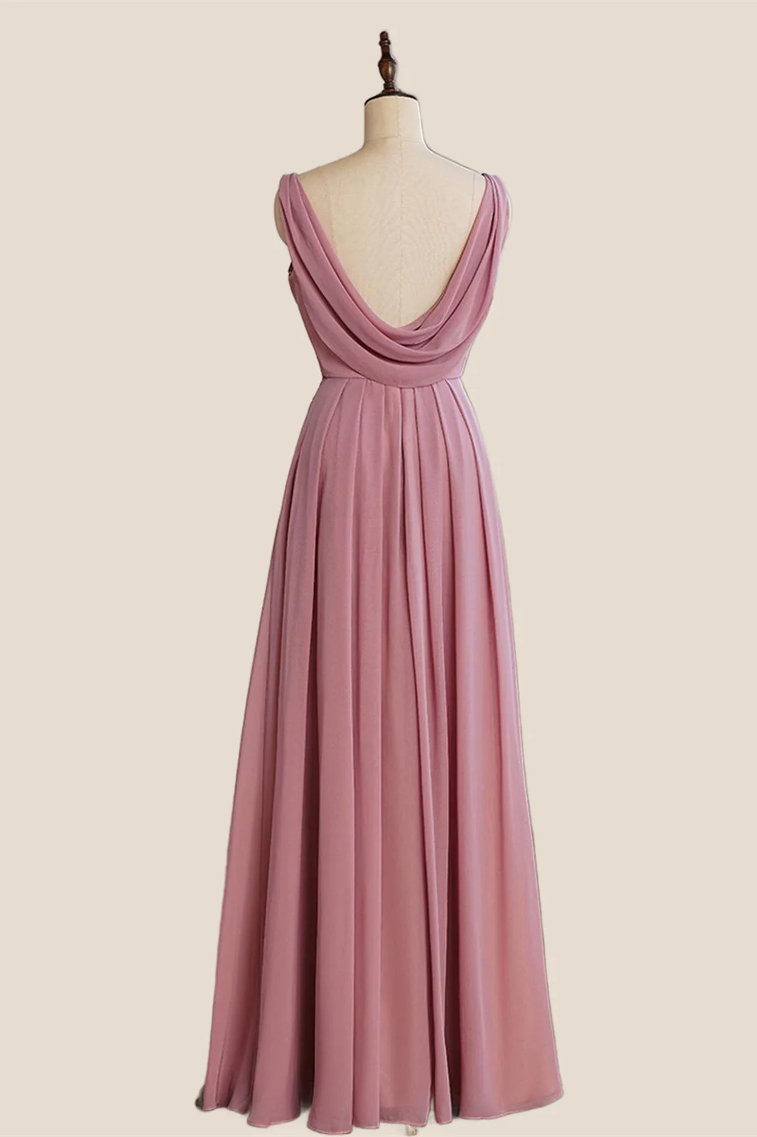 V Neck Rose Pink Chiffon Cowl Back Long Bridesmaid Dress