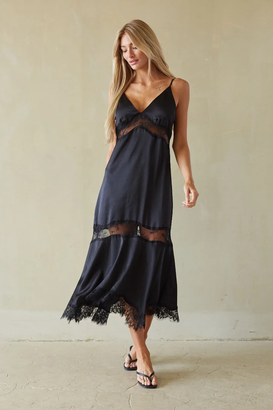 Val Lace Satin Slip Midi Dress