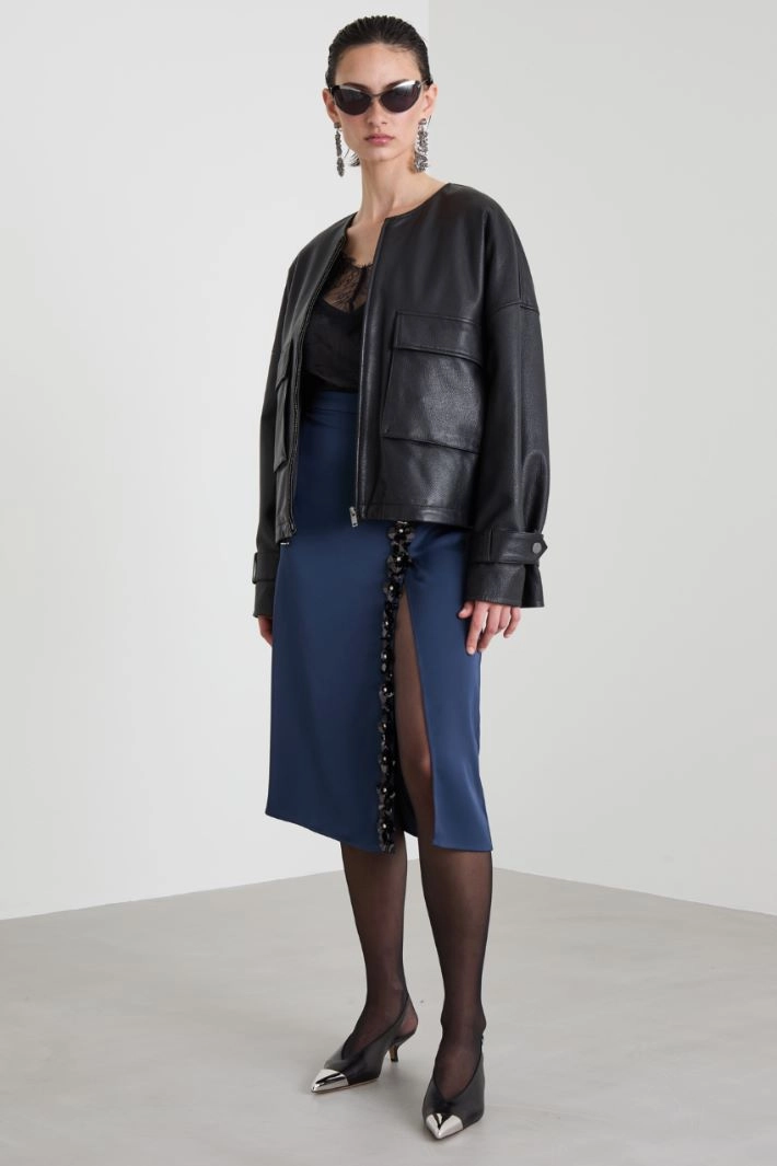 Satin skirt with embroidery - NIGHT BLUE