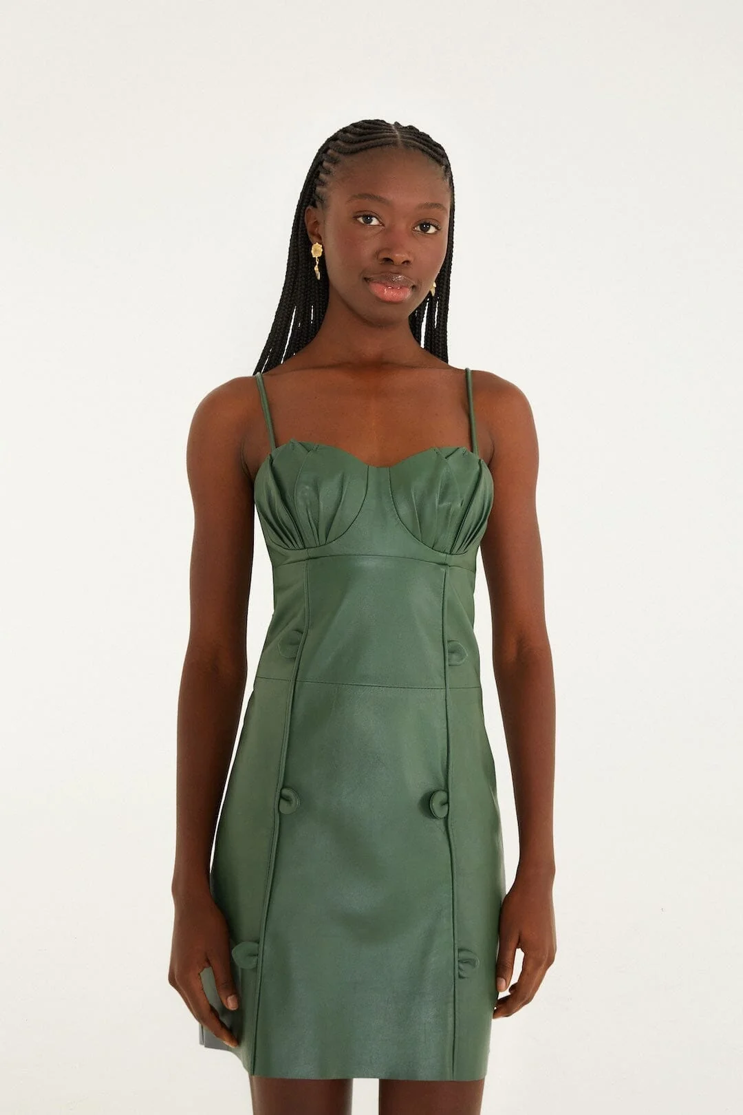Green 3d Flower Leather Mini Dress