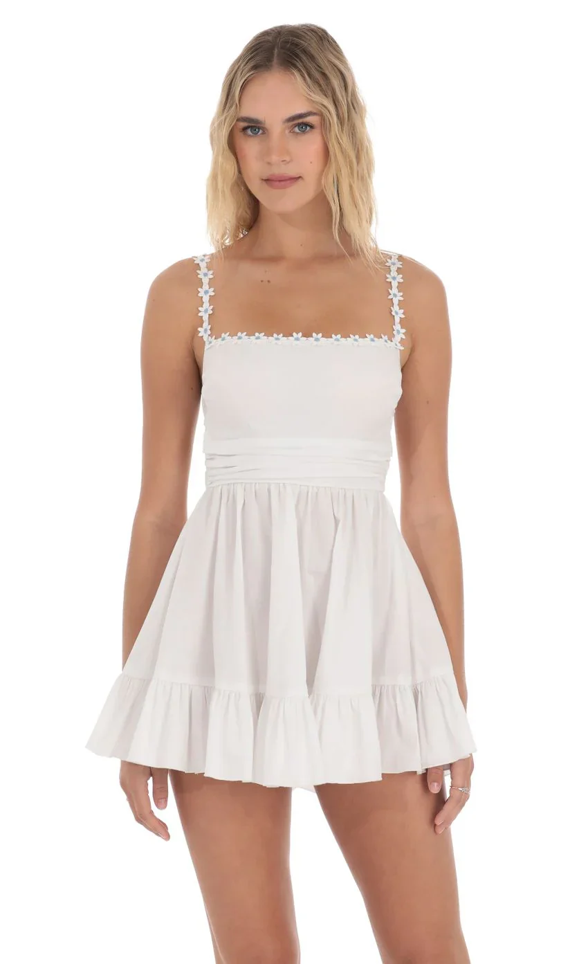 Floral Embroidered A-line Dress in White