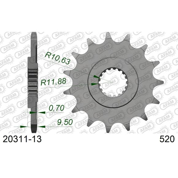 Gearbox output pinion AFAM STEEL 520 - 13 TEETH - GrayRef: AA0064 / 20311-13