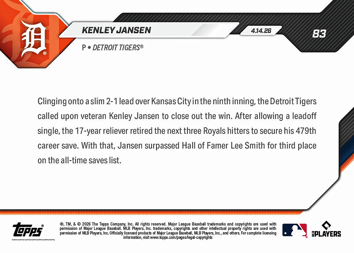 Kenley Jansen - 2026 MLB Topps NOW® - Card 83 - PR: 689