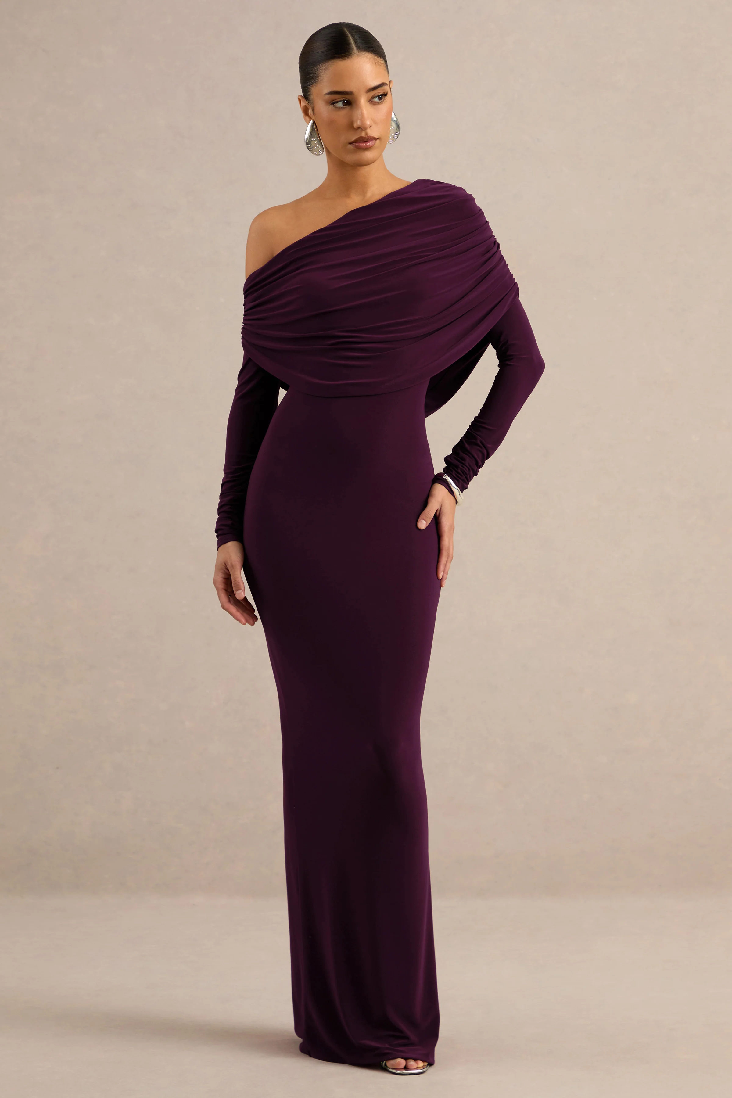 Cadia | Purple Jersey One Shoulder Long Sleeve Maxi Dress With Ruching