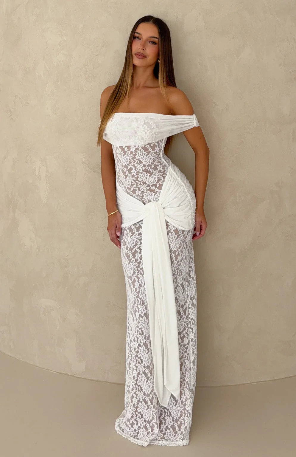 Best Dressed Off Shoulder Lace Maxi Dress White