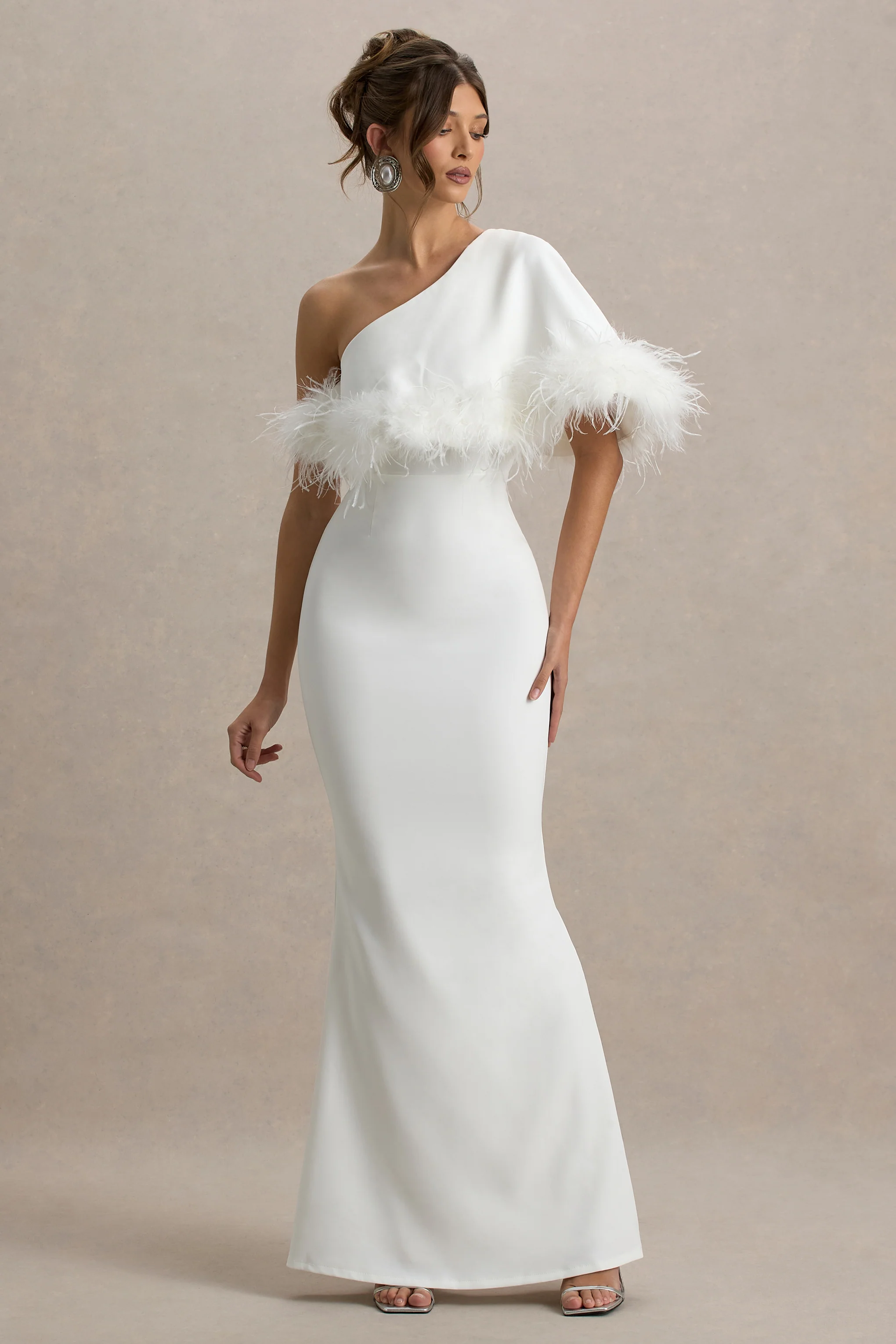 Valor | White Asymmetric Maxi Dress With Feather Trim